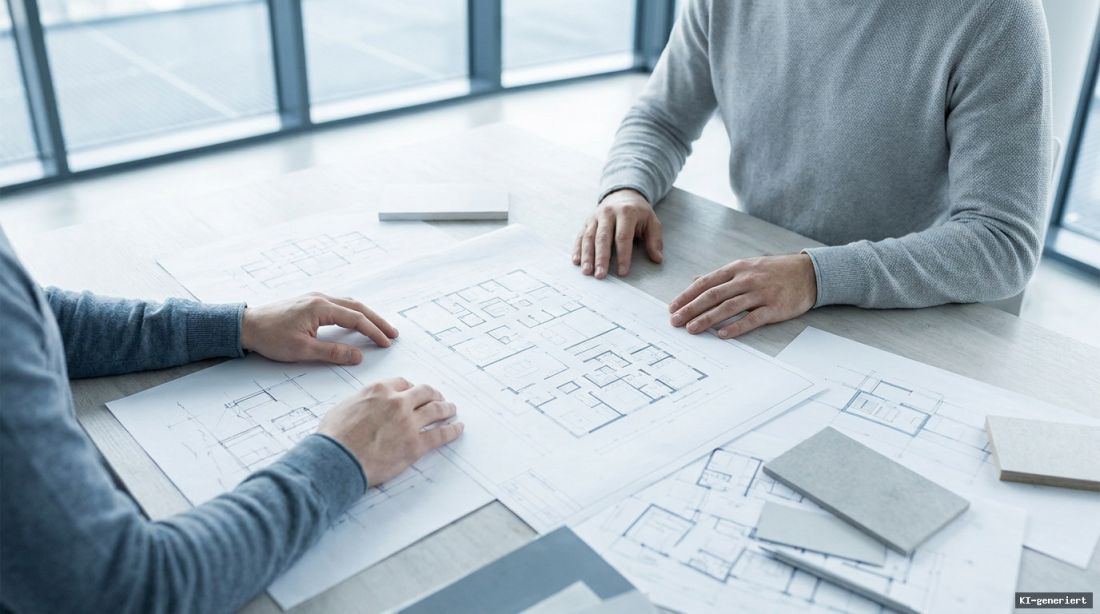 Besprechung eines Grundrisses – bestehendes KI-generiertes Motiv